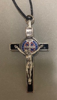 Pendant: 3"  St. Benedict Crucifix On Cord  - Black/Silver With Color Medal