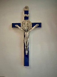 Saint Benedict Wall Crucifix 8 Inch, Blue Enamel /Silver trim and medal