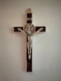 Saint Benedict Wall Crucifix 8 Inch, Brown Enamel /Silver trim and medal