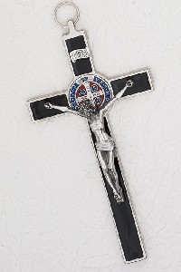Black Enamel with Silver Trim and Color Middle  Saint Benedict Medal Crucifix 8 Inch