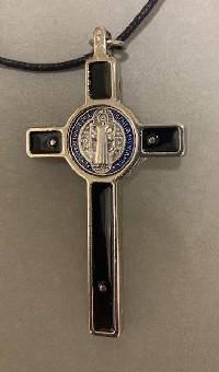Pendant: 3"  St. Benedict Crucifix On Cord  - Black/Silver With Color Medal