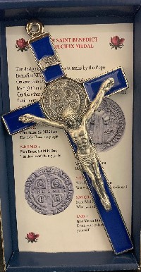 Saint Benedict Wall Crucifix 8 Inch, Blue Enamel /Silver trim and medal