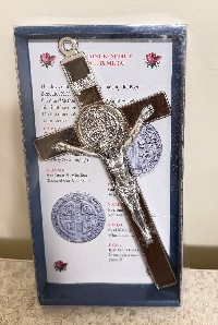 Saint Benedict Wall Crucifix 8 Inch, Brown Enamel /Silver trim and medal