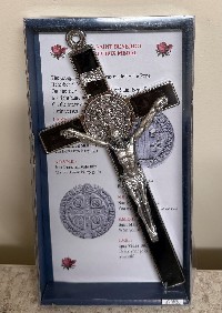 Black Enamel Crucifix With Silver Saint Benedict Medal  8 Inch