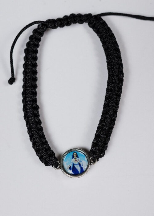 Bracelet: BLACK Slip Knot Bracelet with full color two sided epoxy image Mary, Refuge of Holy Love/United Hearts