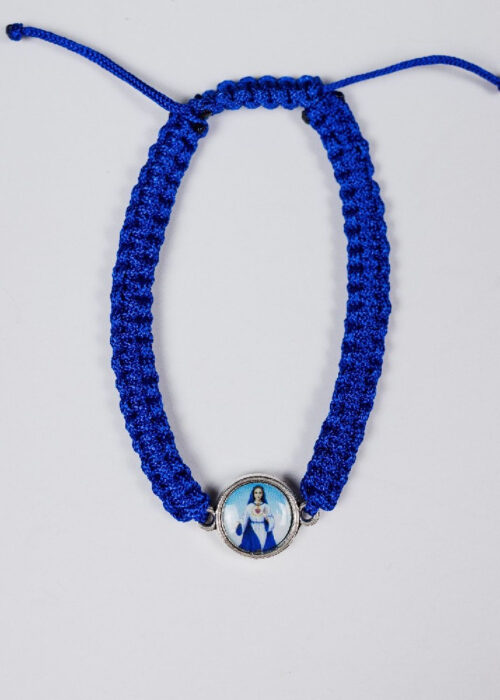 Bracelet: BLUE Slip Knot Bracelet with full color two sided epoxy images of Mary, Refuge of Holy Love and United Hearts