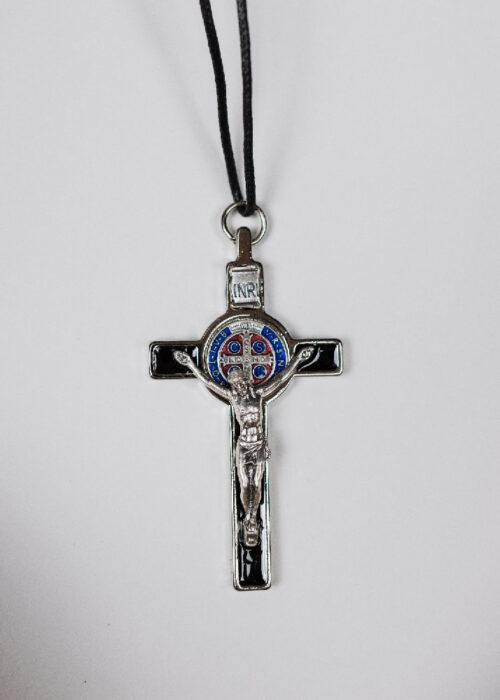 Pendant: 3"  St. Benedict Crucifix On Cord  - Black/Silver With Color Medal