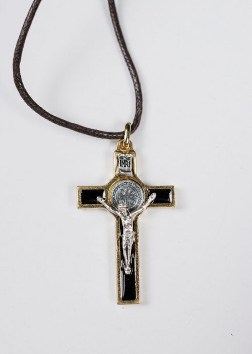 Pendant: 2" St Benedict Crucifix Black/ Gold