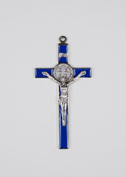 Crucifix: Wall 8 inch Saint Benedict Blue Enamel with Silver Trim and Silver Medal