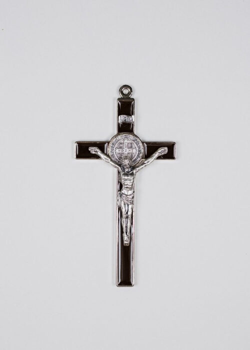 Crucfix: Wall 8 inch Saint Benedict , Brown Enamel with Silver trim and medal