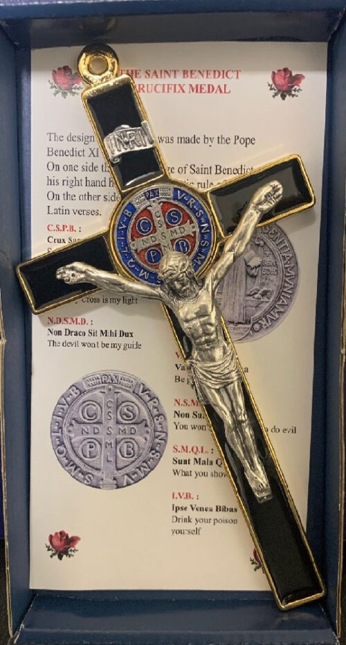 Crucifix: Wall Saint Benedict 8 Inch, Black Enamel  with Gold trim and color medal