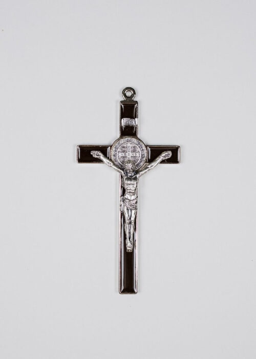 Crucifix: Wall 8 inch Black Enamel Crucifix With Silver Saint Benedict Medal